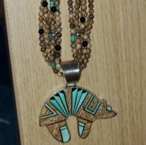 Vintage Multi Stone Navajo Bear Pendant And Neckl… - image 1